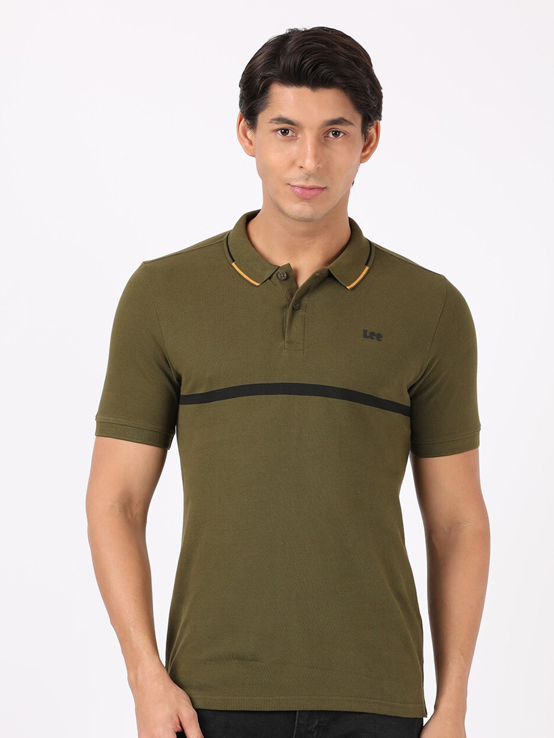 

Lee Men Green & olive branch Polo Collar Applique Slim Fit T-shirt