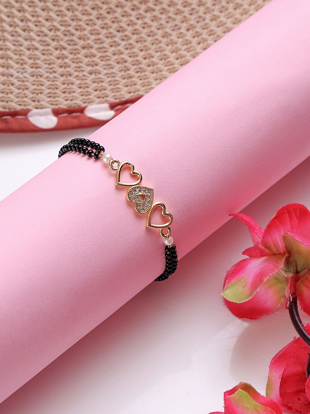 

Mali Fionna Gold-Plated Stones Studded and Beaded Heart Shaped Mangalsutra Bracelet