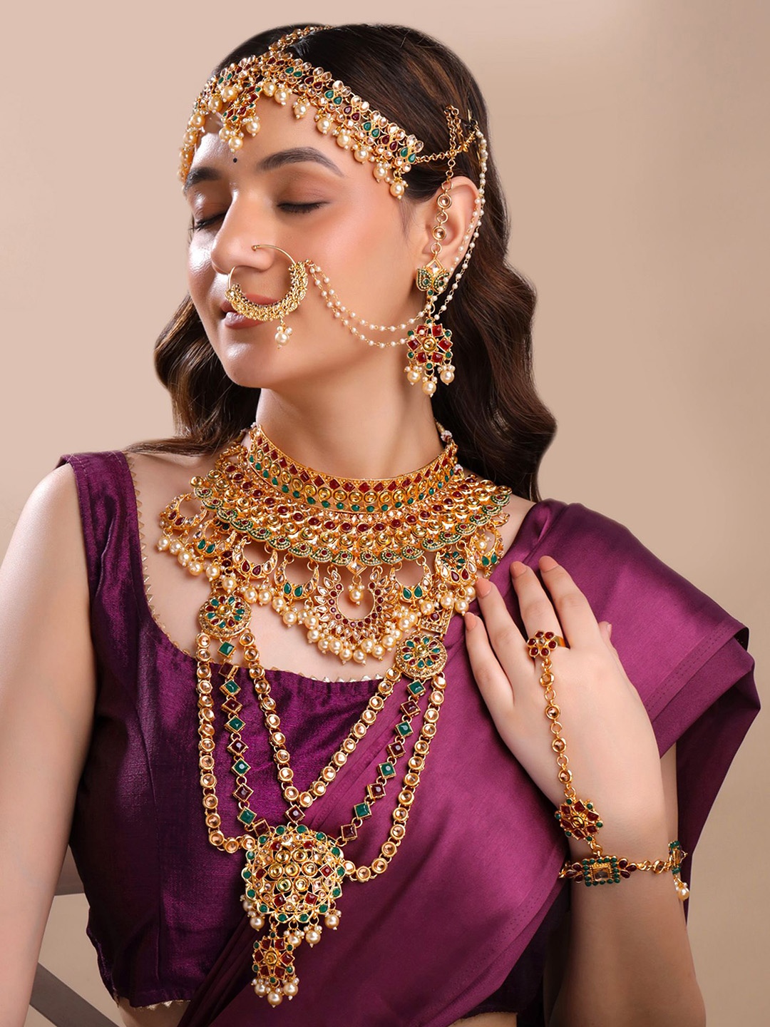 

Yellow Chimes Traditional Gold-Plated Kundan Studded and Beaded Wedding Jewellery Set