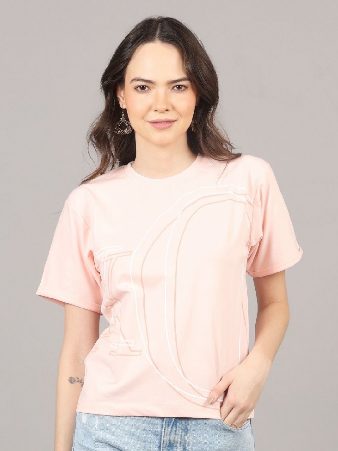 

AECK Women Abstract Printed Round Neck Cotton Relaxed Fit T-Shirt, Peach
