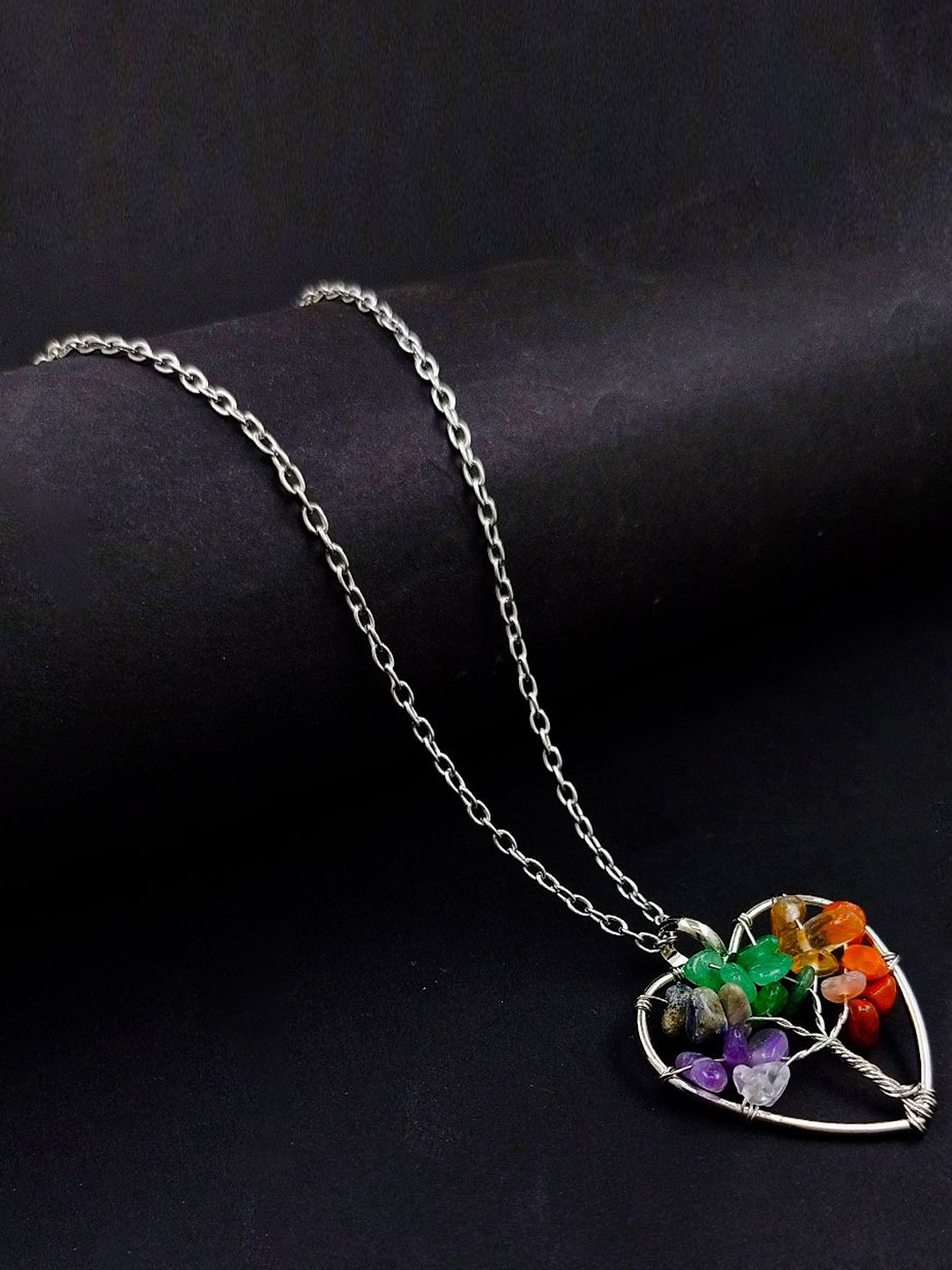 

Saizen Stainless Steel Silver Plated Stone 7 Chakra Tree of life Pendant With Chain