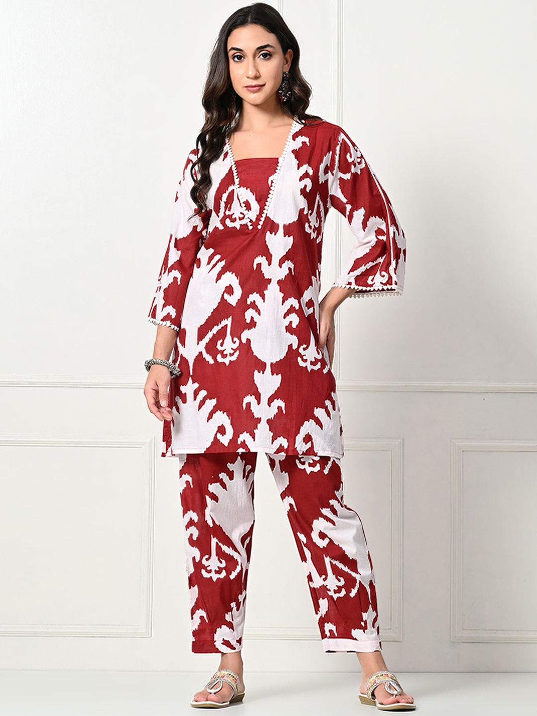 

Laado - Pamper Yourself Ikkat Printed Pure Cotton Tunic with Salwar, Rust