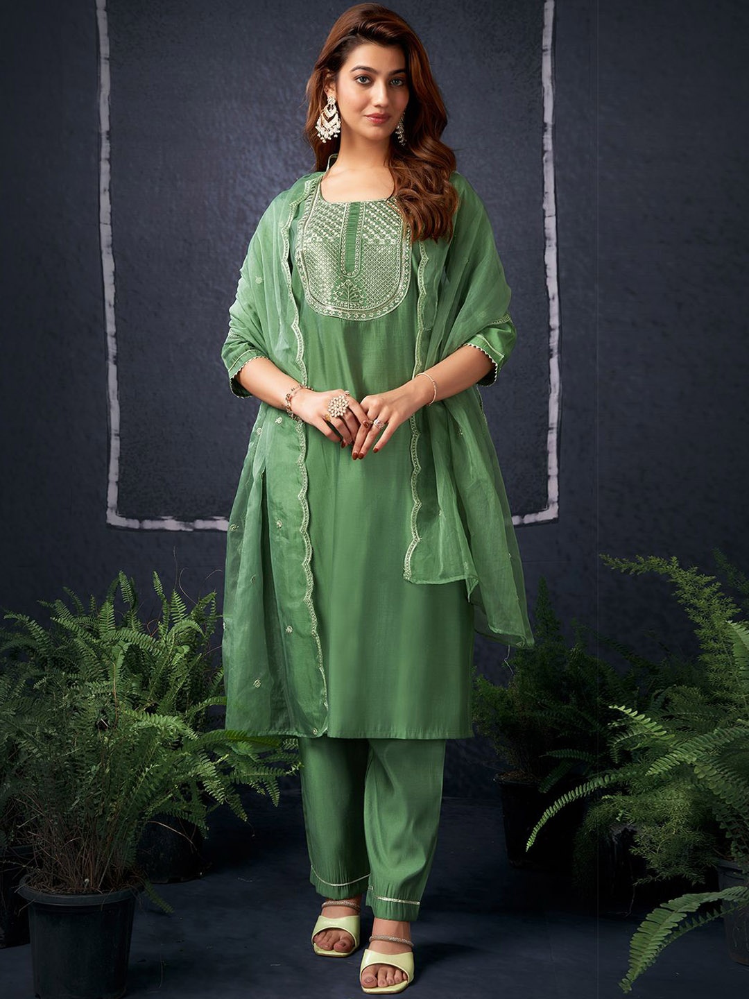 

KALINI Women Ethnic Motifs Embroidered Regular Sequinned Kurta with Trousers & With Dupatta, Green