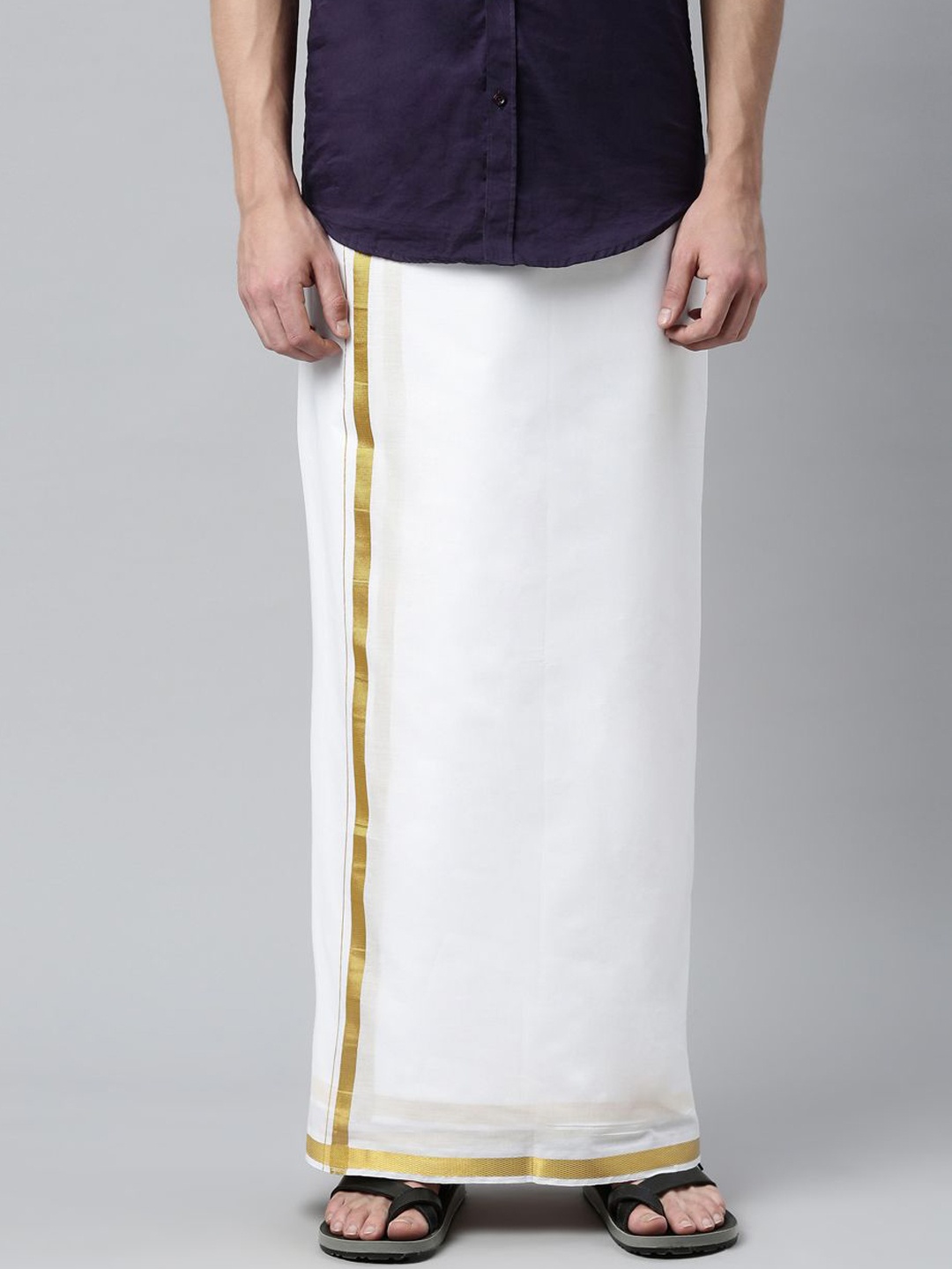 

WHITE HEART Men Solid Pure Cotton Dhoti With Gold Zari Border