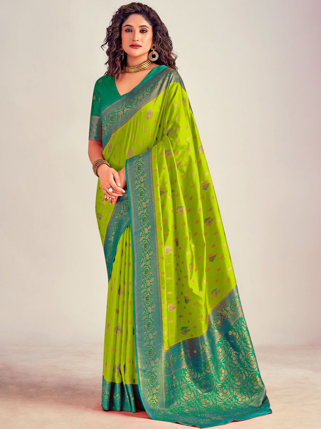 

NK Textiles Woven Design Zari Silk Blend Banarasi Saree, Lime green