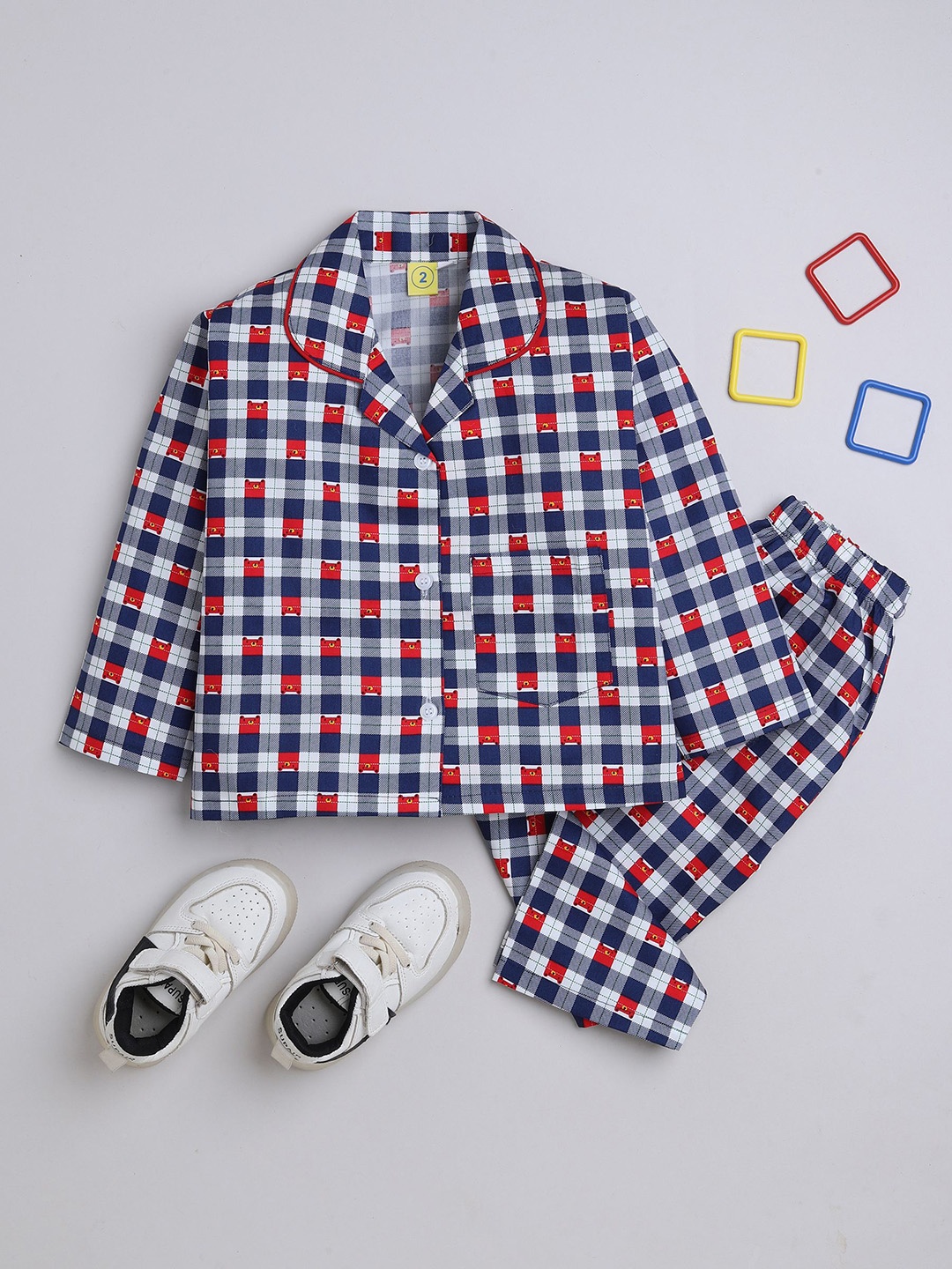 

The Magic Wand Boys Checked Night suit, Navy blue