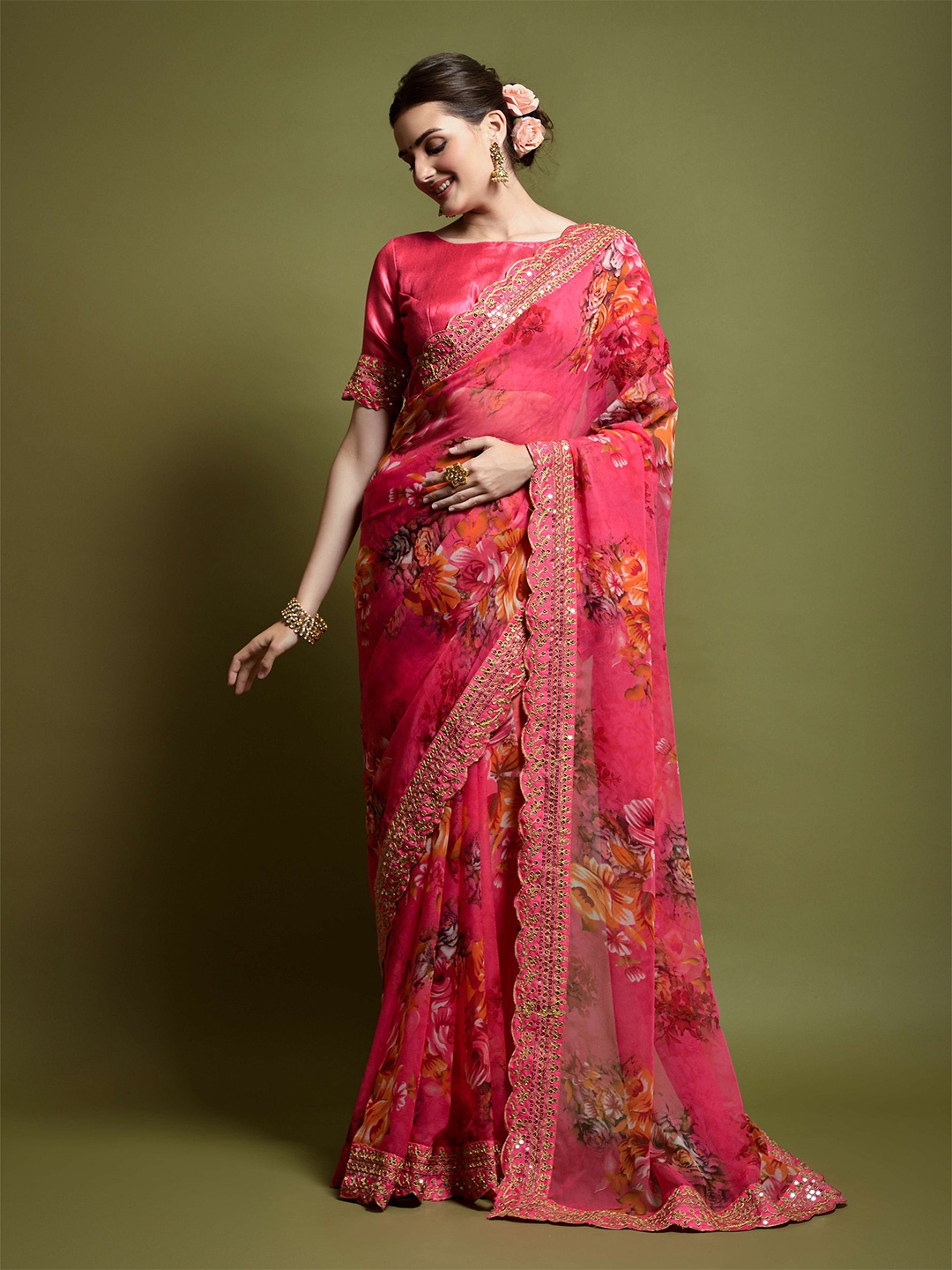 

Anouk Floral Embellished Sequinned Saree, Pink