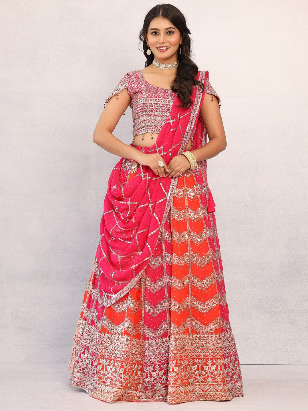 

Futra Gabha Embellished Sequinned Georgette Ready to Wear Lehenga & Blouse With Dupatta, Pink