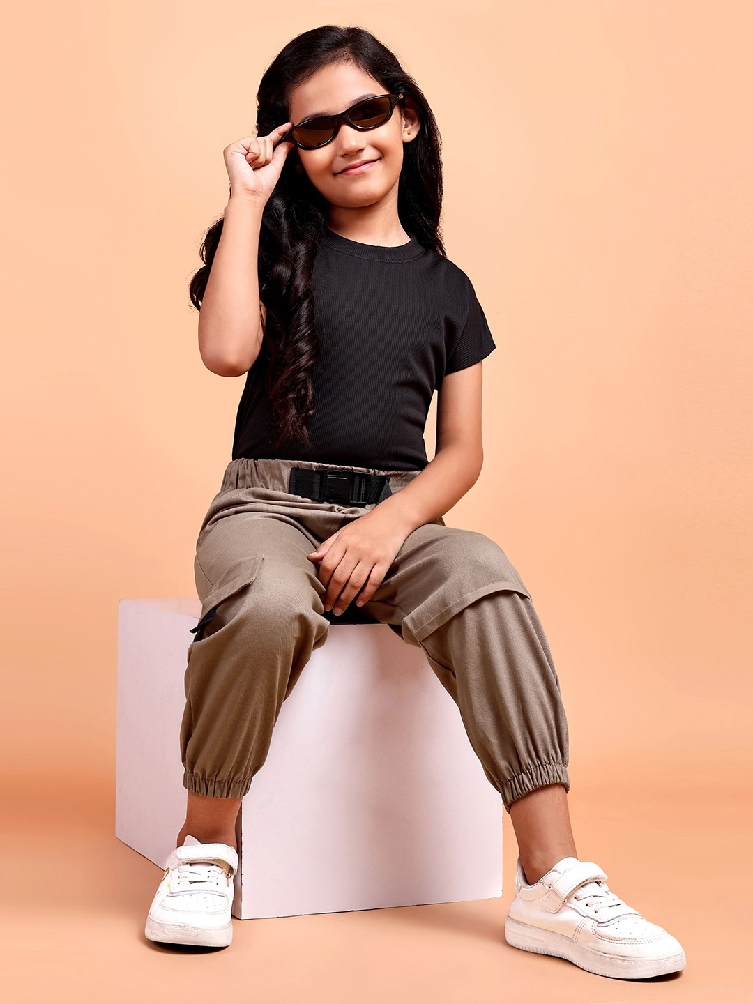 

YK Girls Ribbed Pure Cotton Top With Cargo Joggers, Black