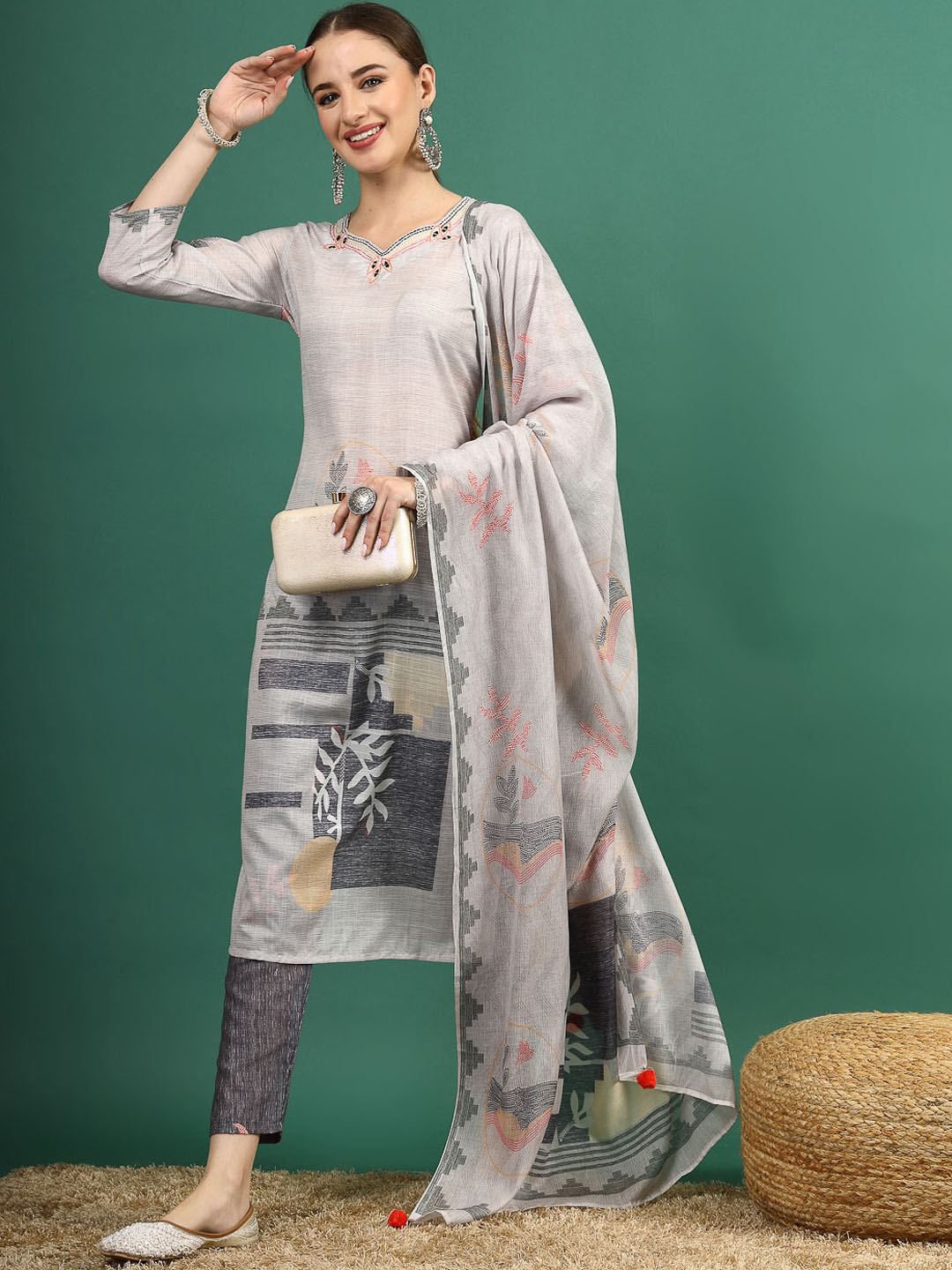 

Sangria Grey Geometric Embroidered Mirror Work Straight Kurta With Trouser & Dupatta