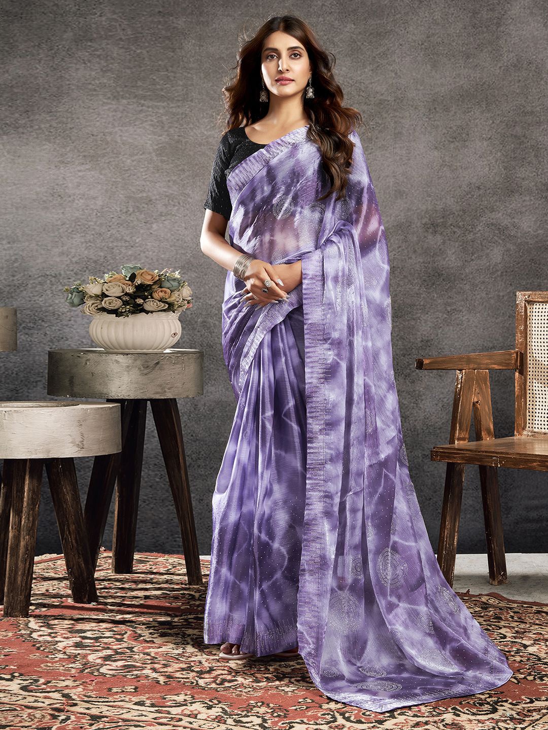 

Satrani Tie and Dye Beads and Stones Pure Chiffon Saree, Purple