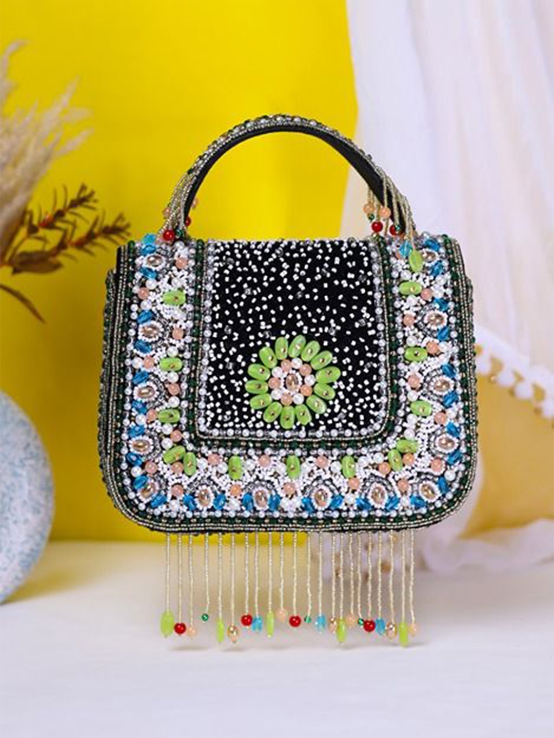 

Swisni Embroidered Canvas Foldover Clutch, Black