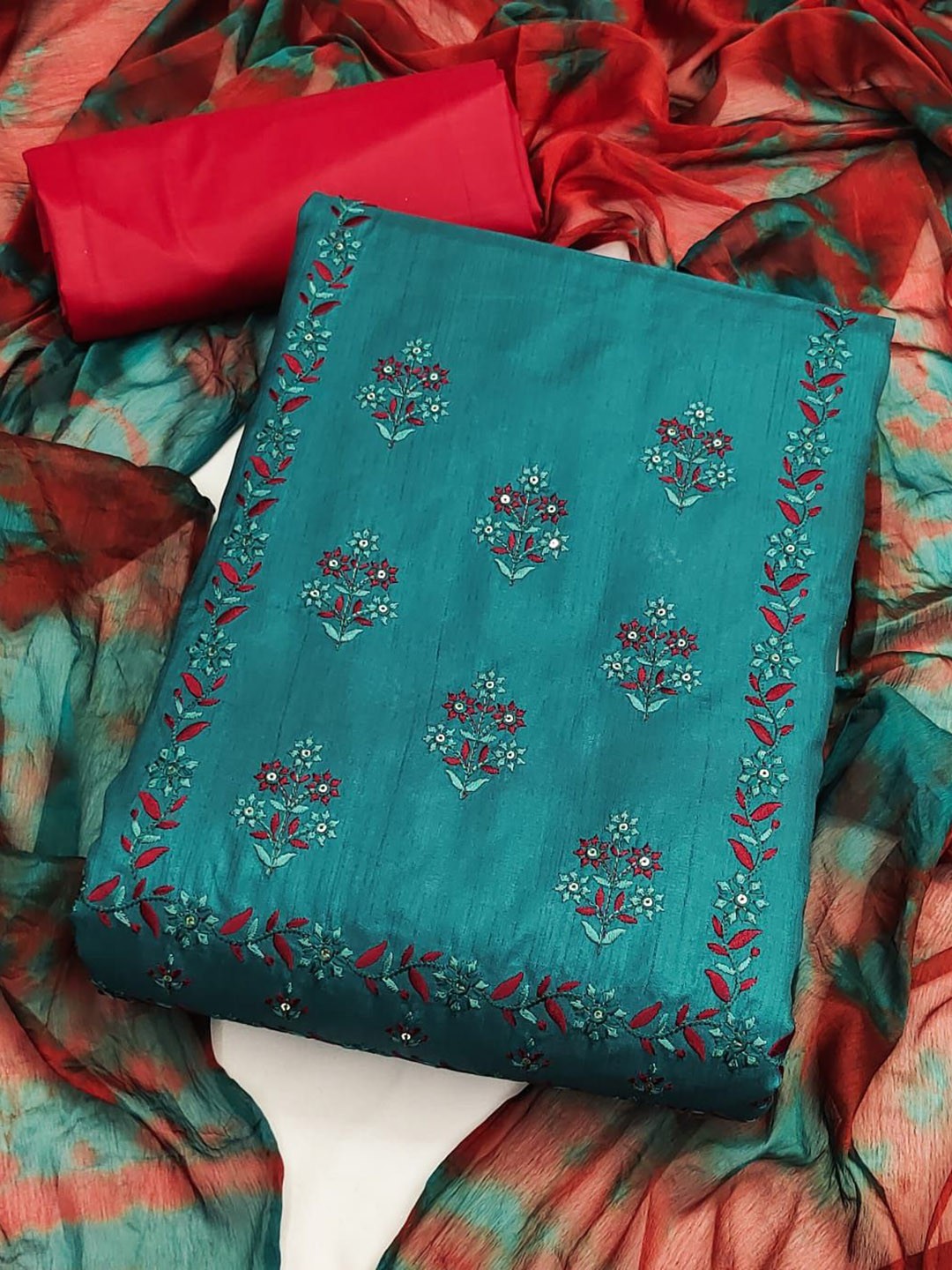 

Aika Floral Embroidered Unstitched Dress Material, Teal