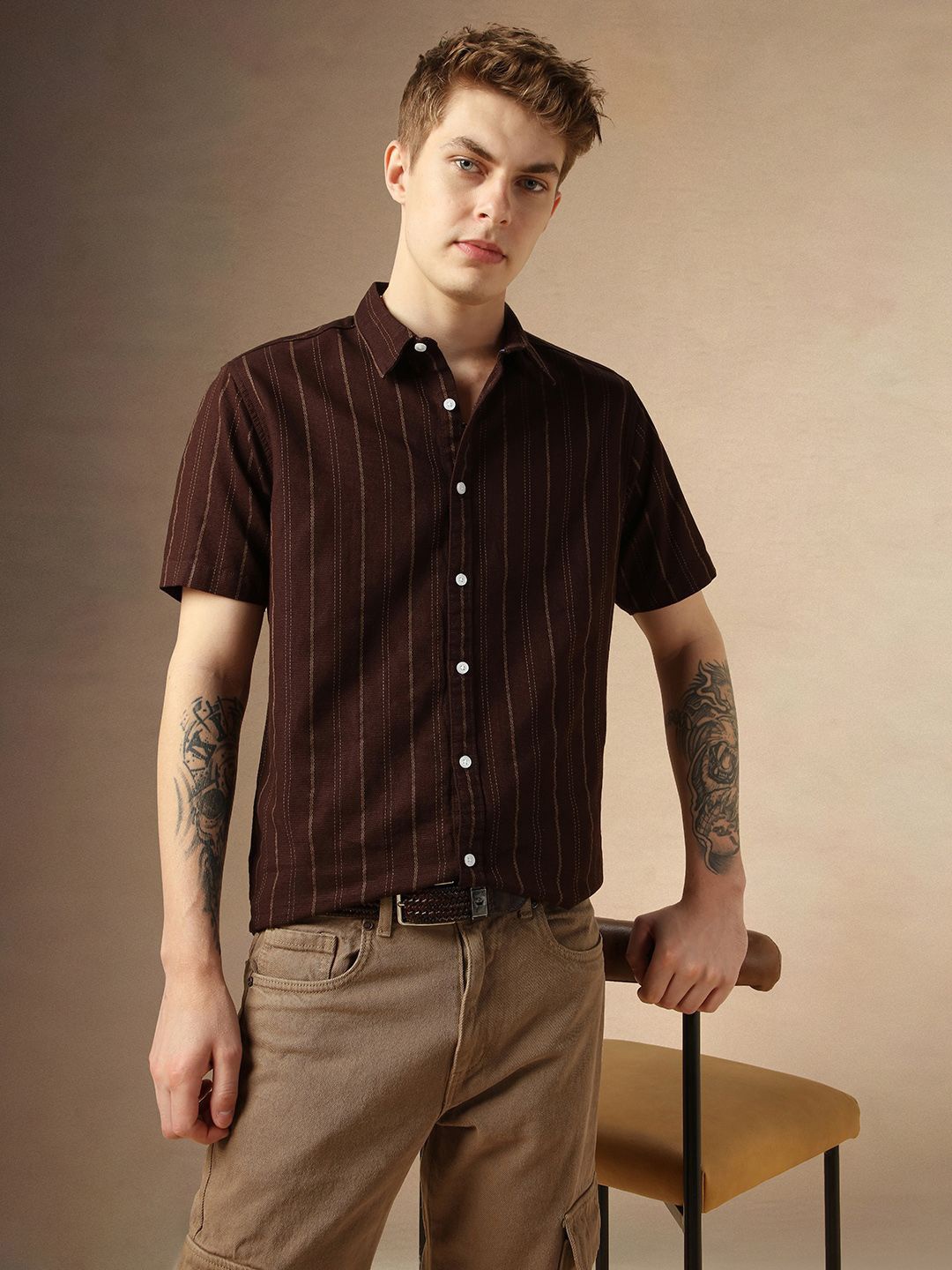 

Dennis Lingo Smart Relaxed Fit Vertical Striped Dobby Weave Casual Shirt, Maroon