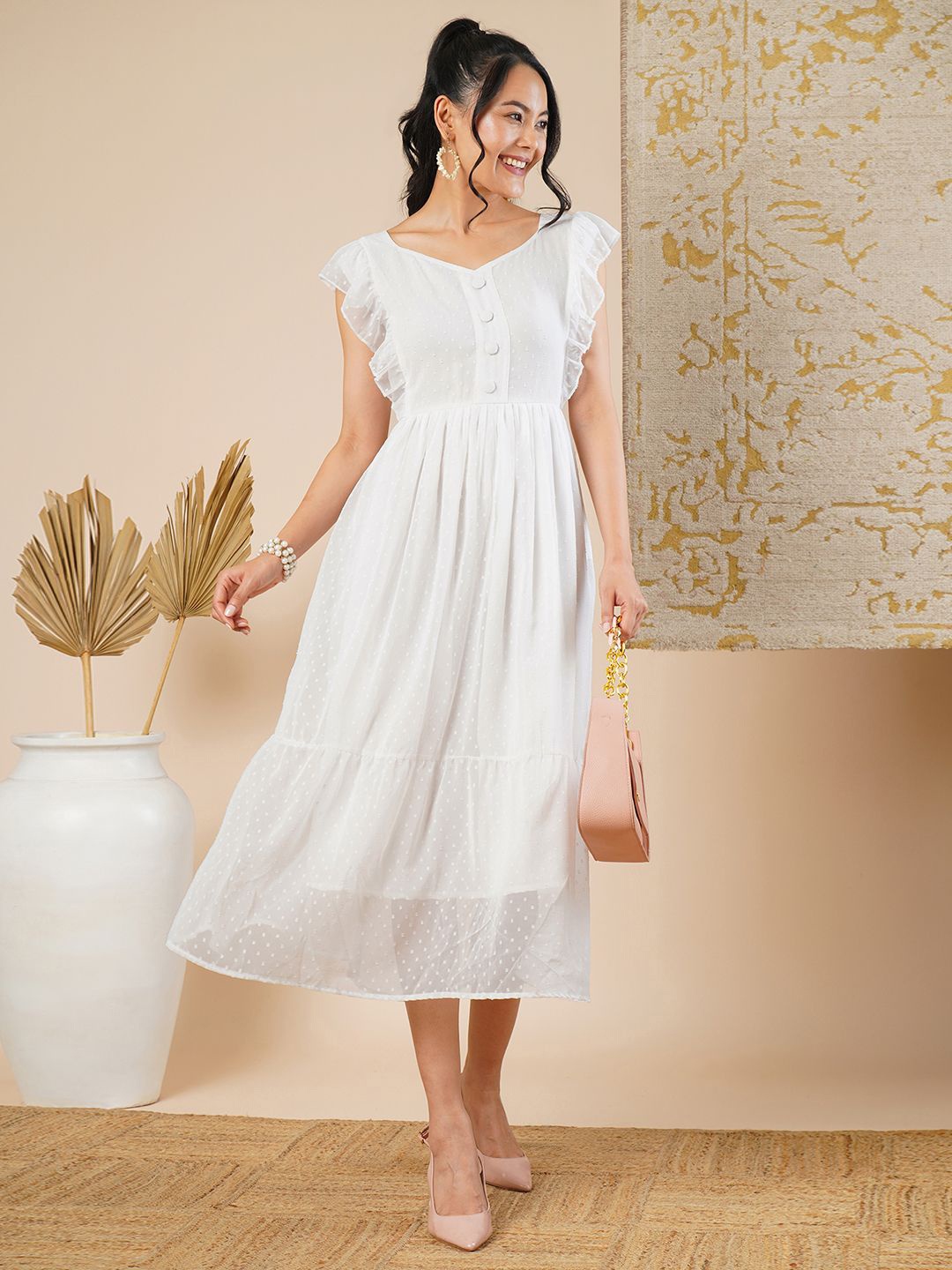

CARTYSHOP Georgette Fit & Flare Midi Dress, White