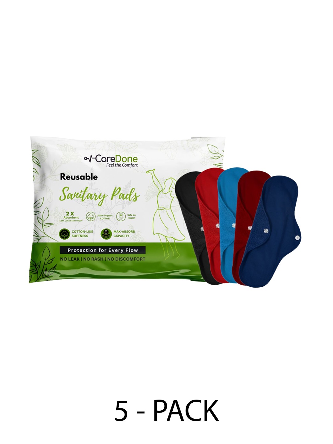 

CareDone Set Of 5 Reusable 100% Organic Cotton Sanitary Cloth Pads - XL, Black