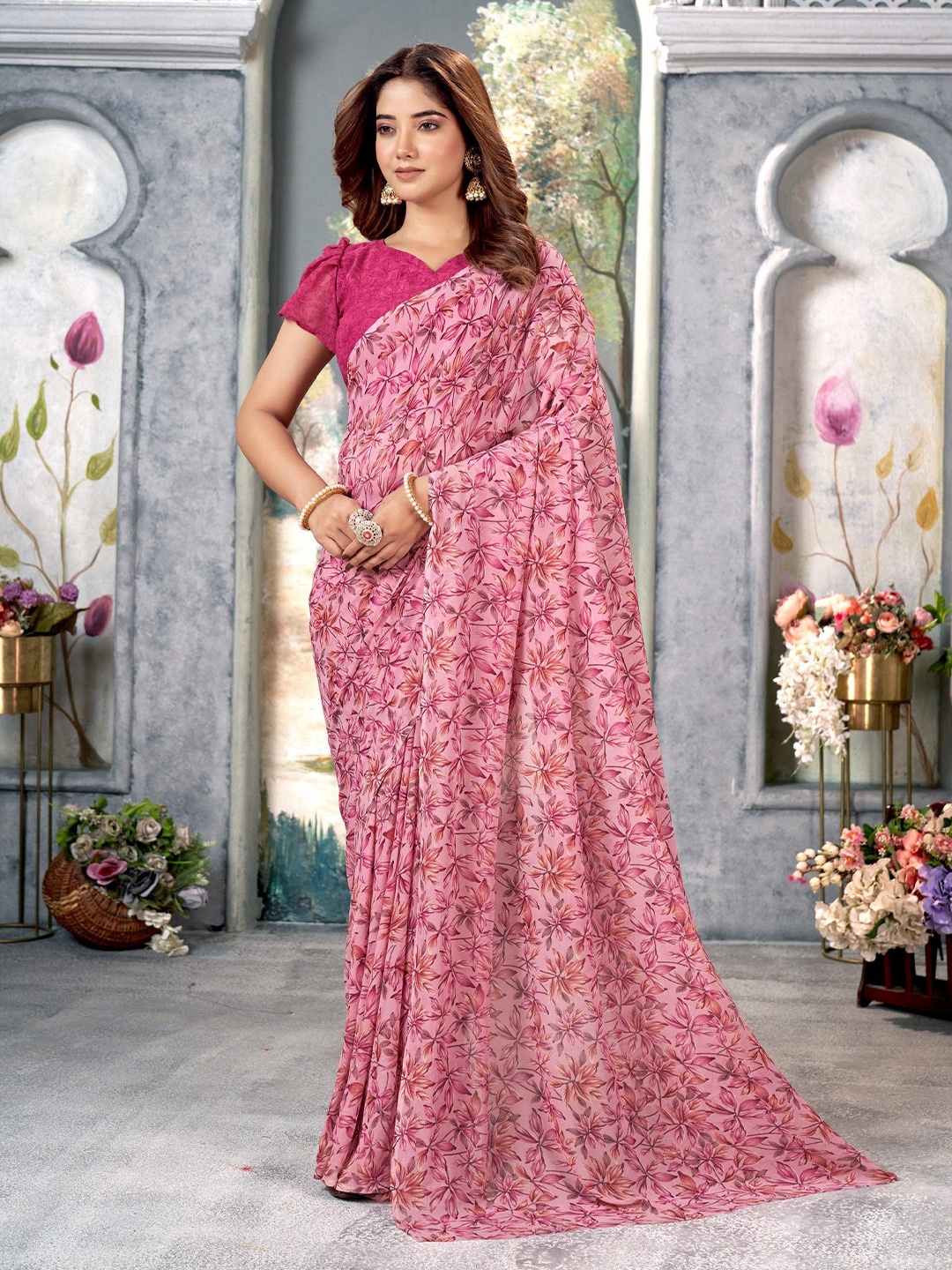 

VARNI FABRICS Floral Pure Georgette Saree, Pink