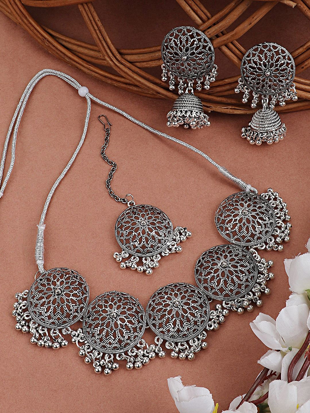 

MODE MANIA Sliver Plated Round shaped Oxidised Jewellery Set, Silver