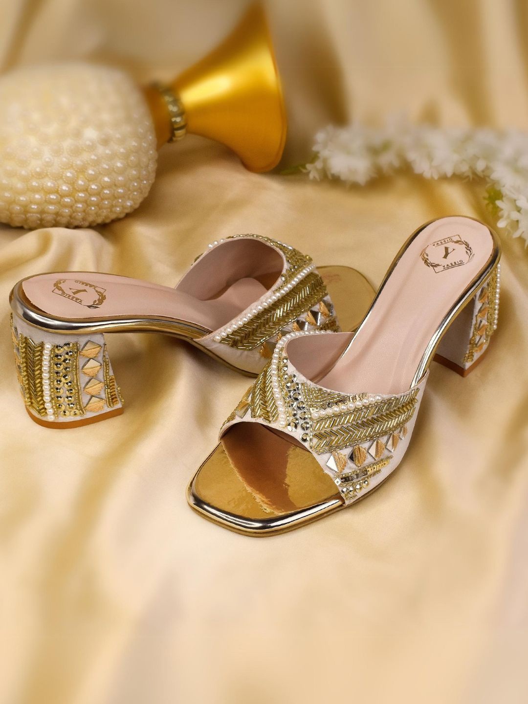 

YASSIO Women Embellished Ethnic Block Sandals, Gold