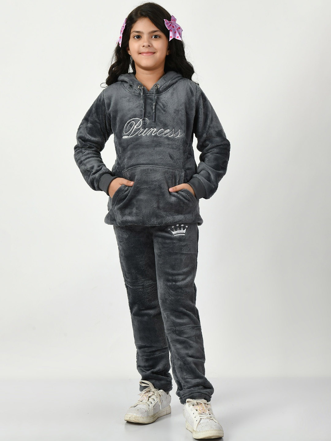 

SMSHOPMORE Girls FUR Track Suit Hooded Neck Full Sleeve Set, Grey