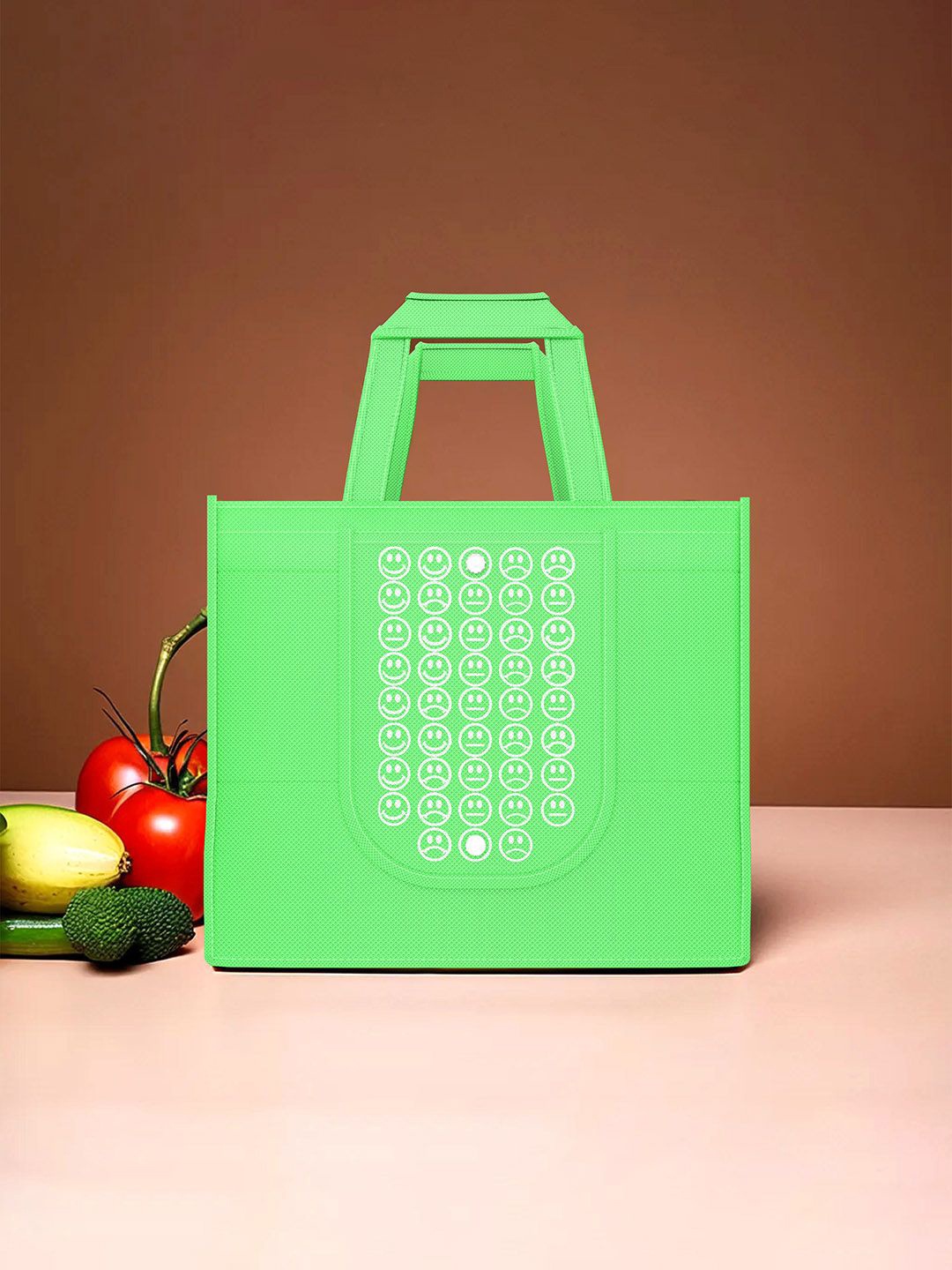

Kuber Industries Set Of 8 Smiley Printed Lightweight Reusable & Foldable Shopping Bags, Green