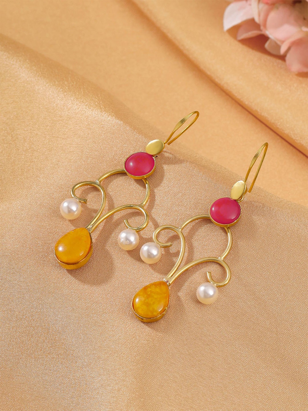 

Yellow Chimes Gold-Plated Stone Studded & Beaded Drop Earrings