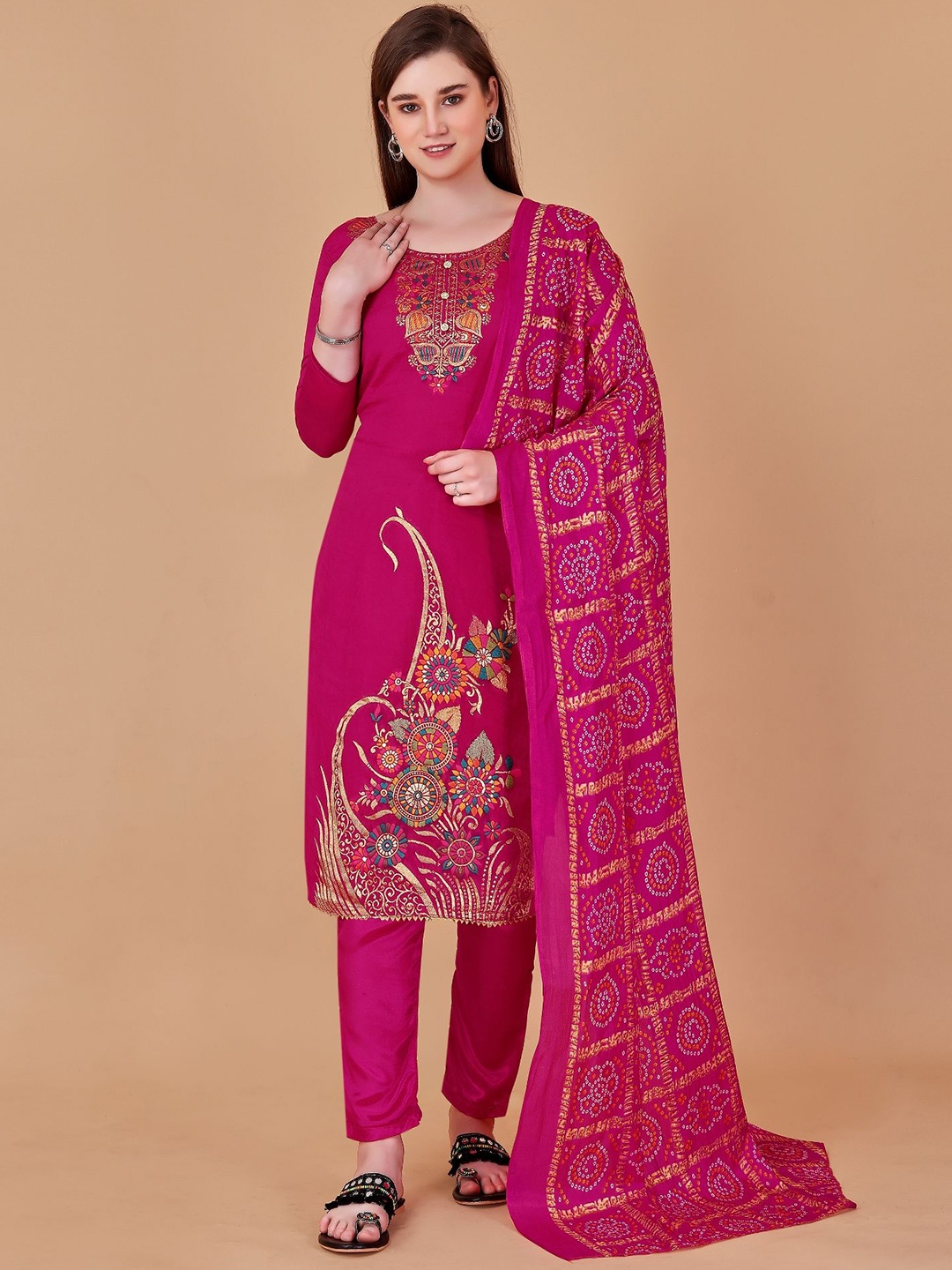 

Aika Ethnic Motifs Embroidered Zari Work Unstitched Dress Material, Magenta