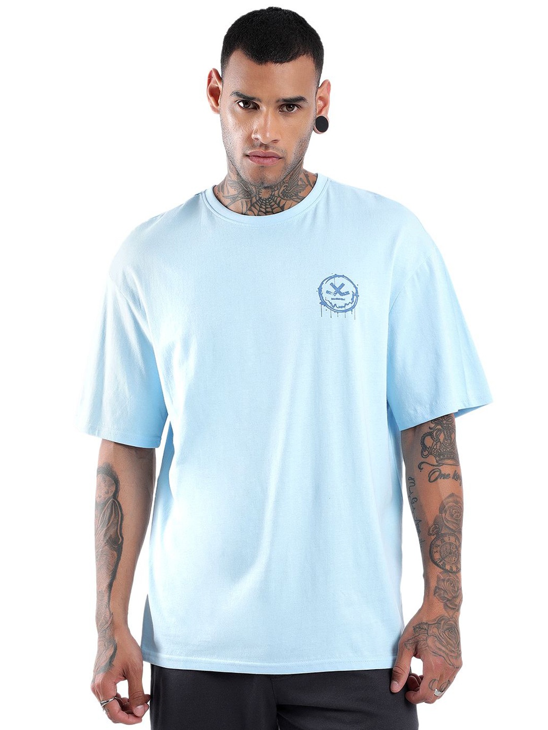 

WROGN Men Typography Printed Round Neck Cotton Oversized T-Shirt, Blue