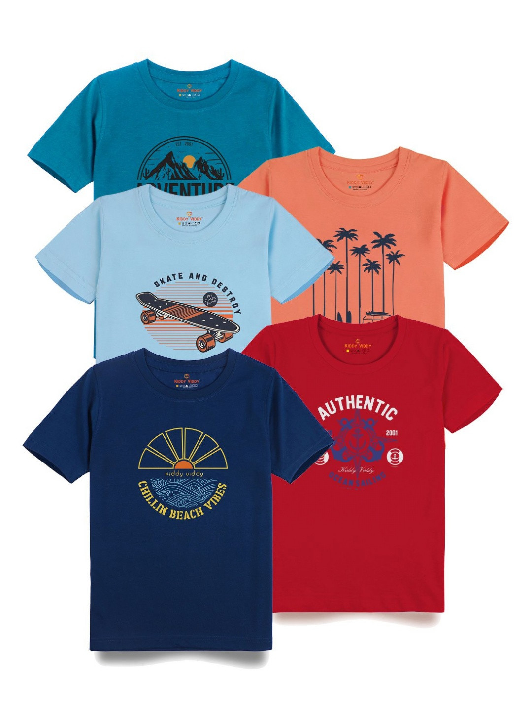 

AUSK Boys Pack Of 5 Graphic Printed Round Neck Cotton T-Shirts, Turquoise blue