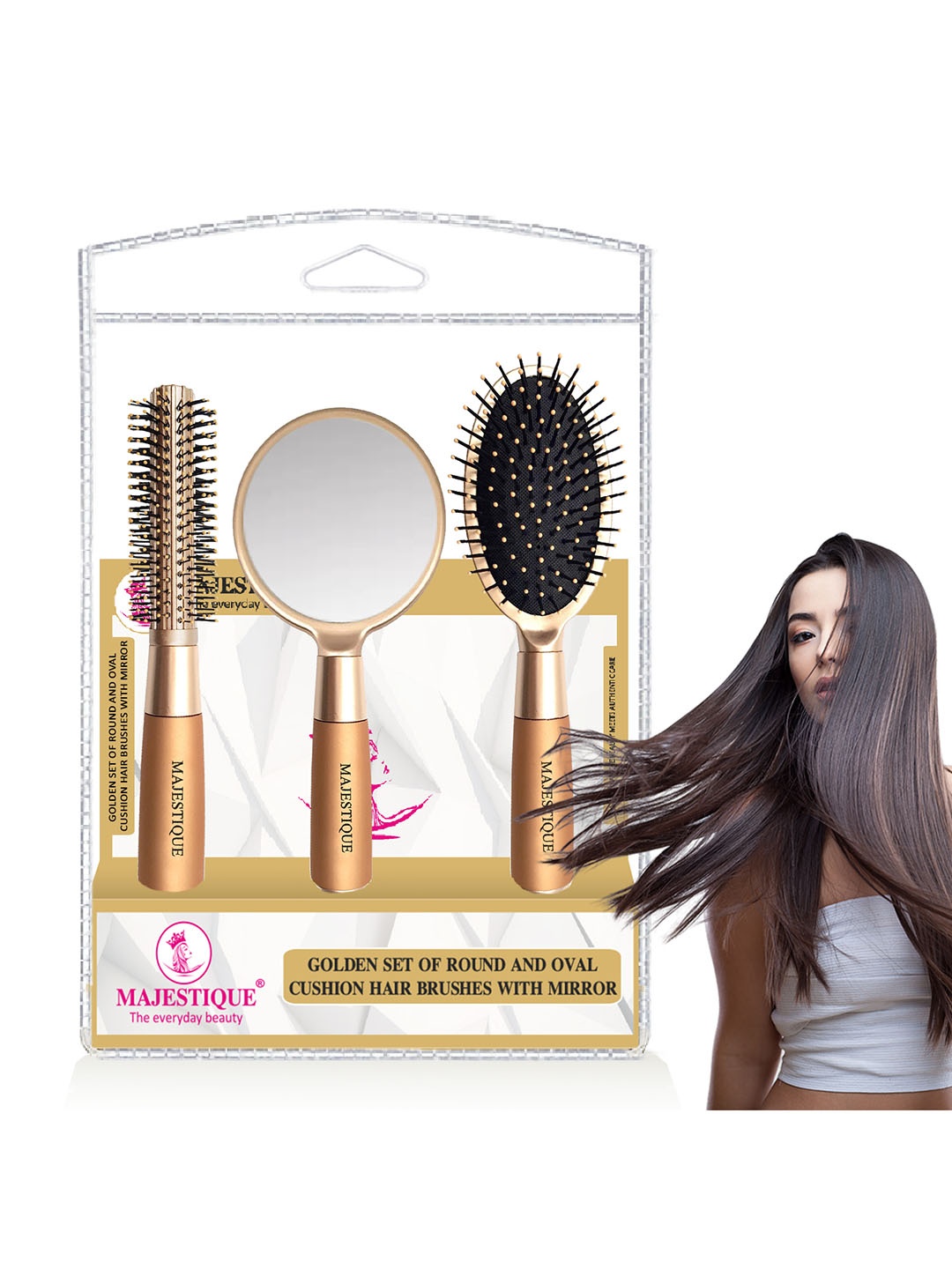 

MAJESTIQUE 3-Pcs Round & Oval Cushion Hair Brush Set With Handle Mirror, Gold