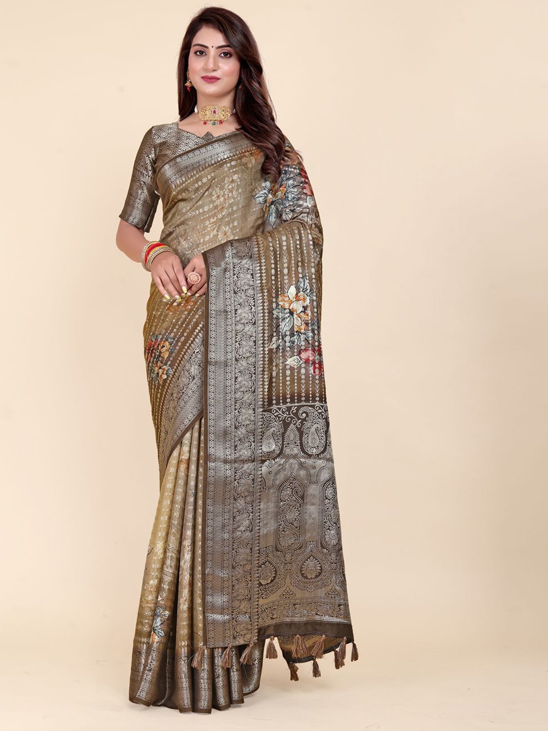 

Women ETHNIC TODAY Woven Design Zari Saree, Brown