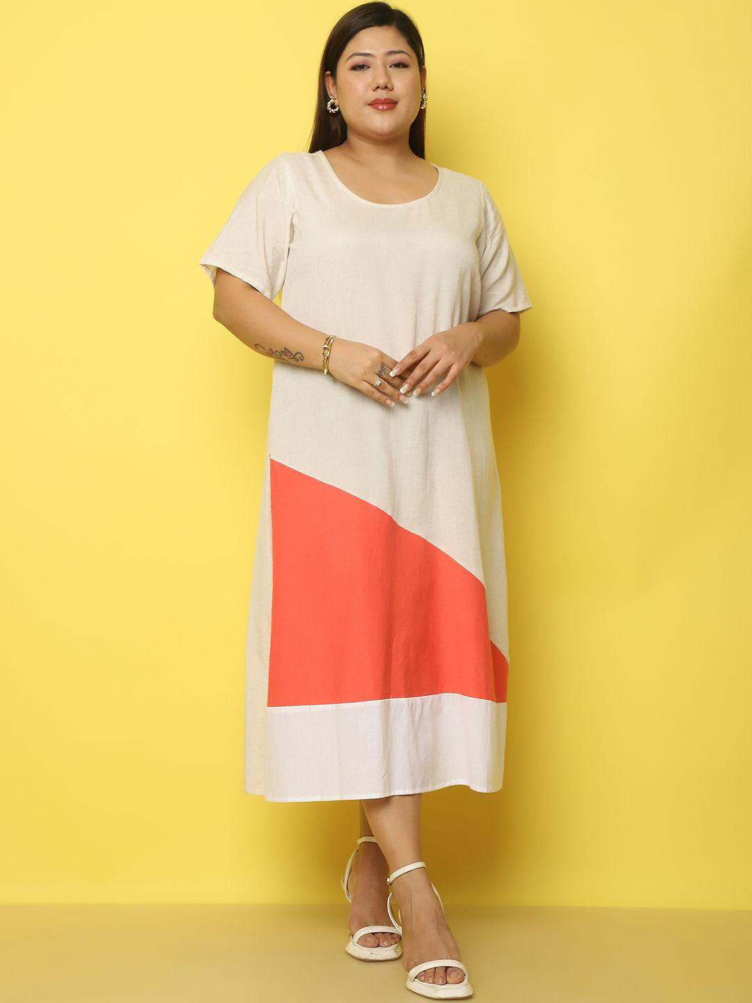 

theRebelinme Colourblocked Linen A-Line Midi Dress, Beige