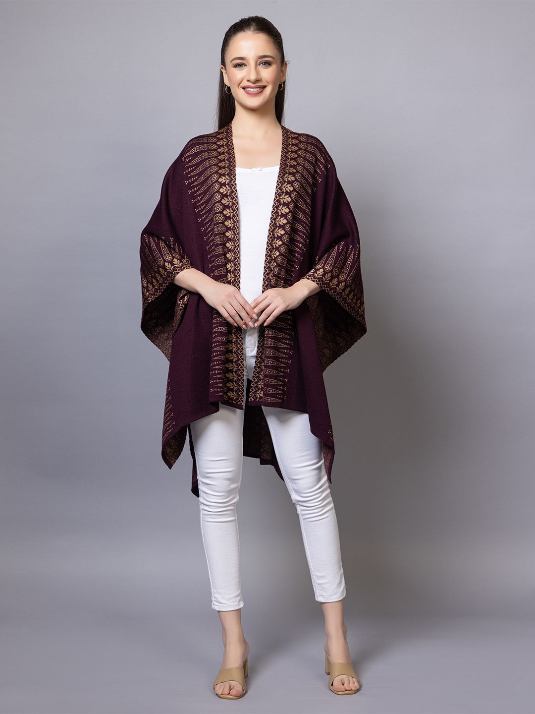 

Anouk Mauve Ethnic Motifs Printed V-Neck Winter Open Front Shrug