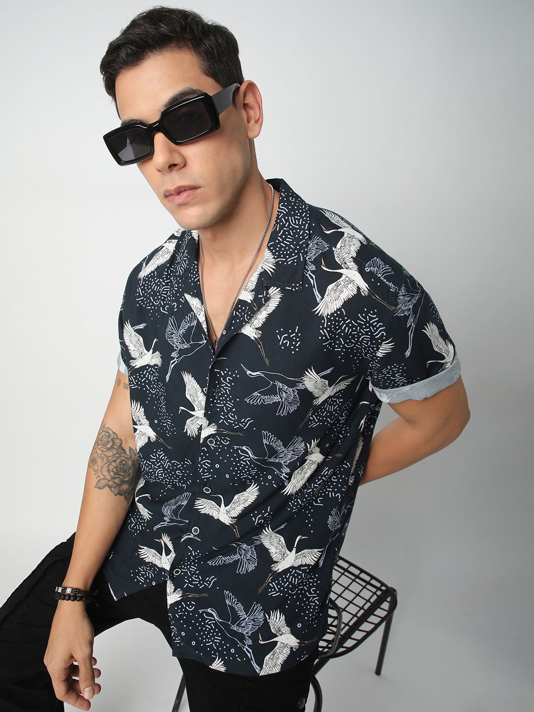 

VASTRADO Men Classic Cuban Collar Floral Printed Oversized Casual Shirt, Navy blue