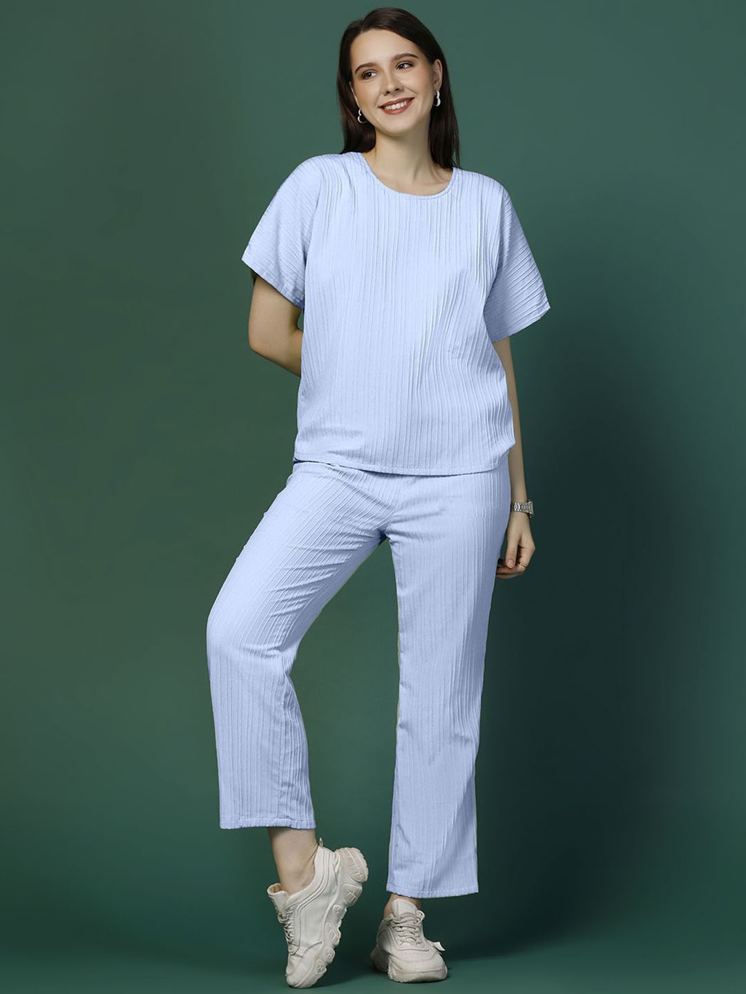 

OMPAX Round Neck Top With Trousers, Blue