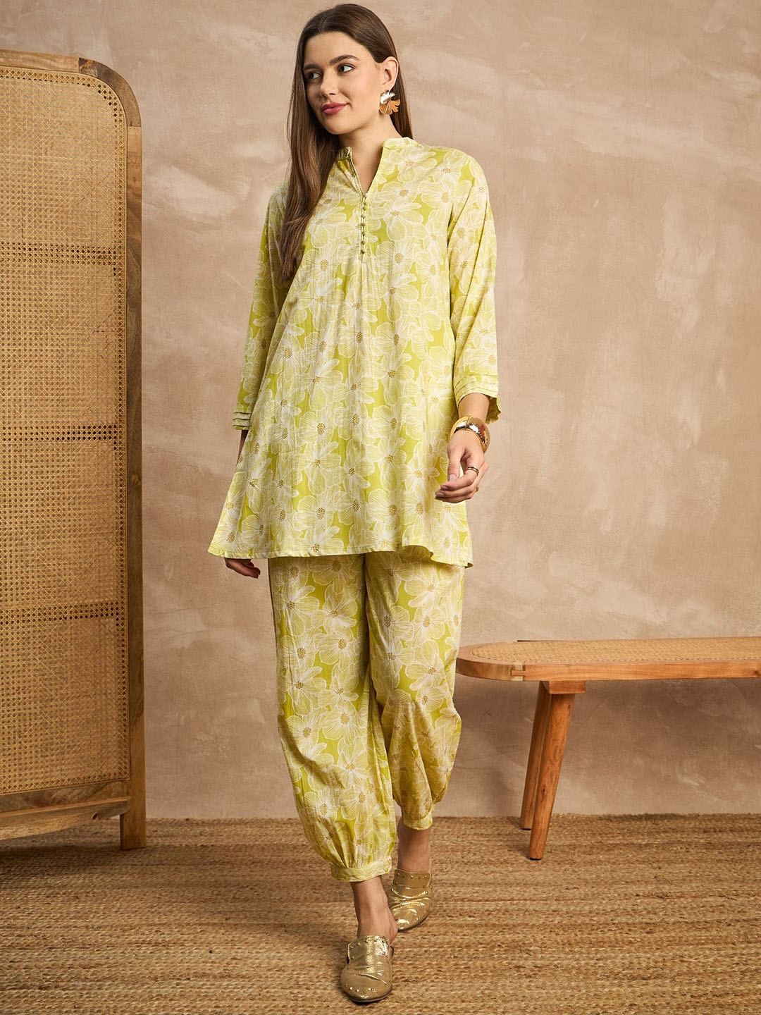 

all about you Floral Printed Pure Cotton Tunic With Trouser Co-Ords, Lime green