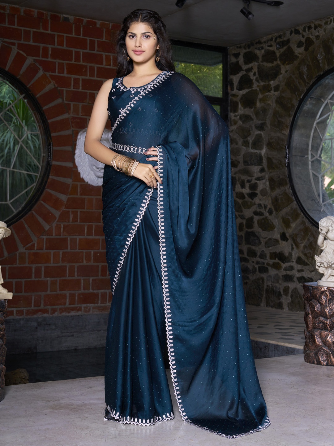 

Saree mall Embellished Beads and Stones Pure Chiffon Saree, Teal
