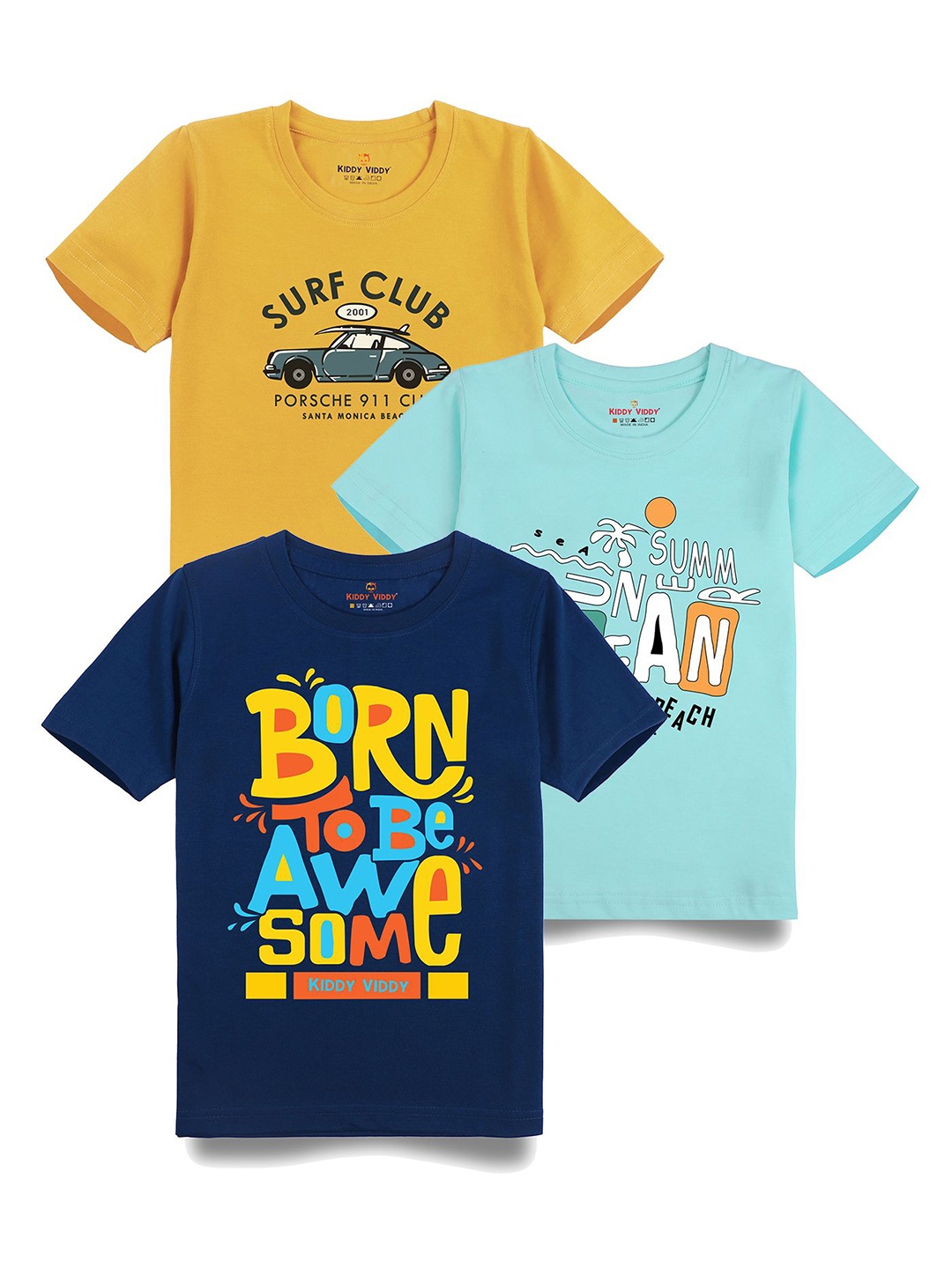 

AUSK Boys Pack Of 3 Typography Printed Round Neck Cotton T-Shirts, Yellow