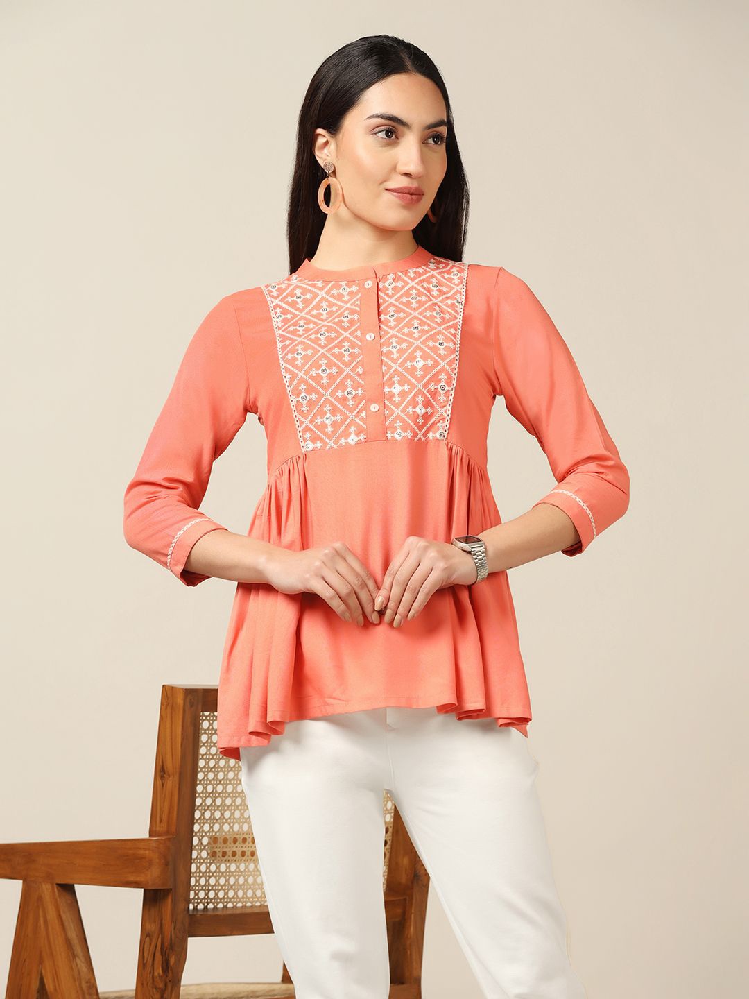 

BAESD Embroidered Mandarin Collar Peplum Top, Peach