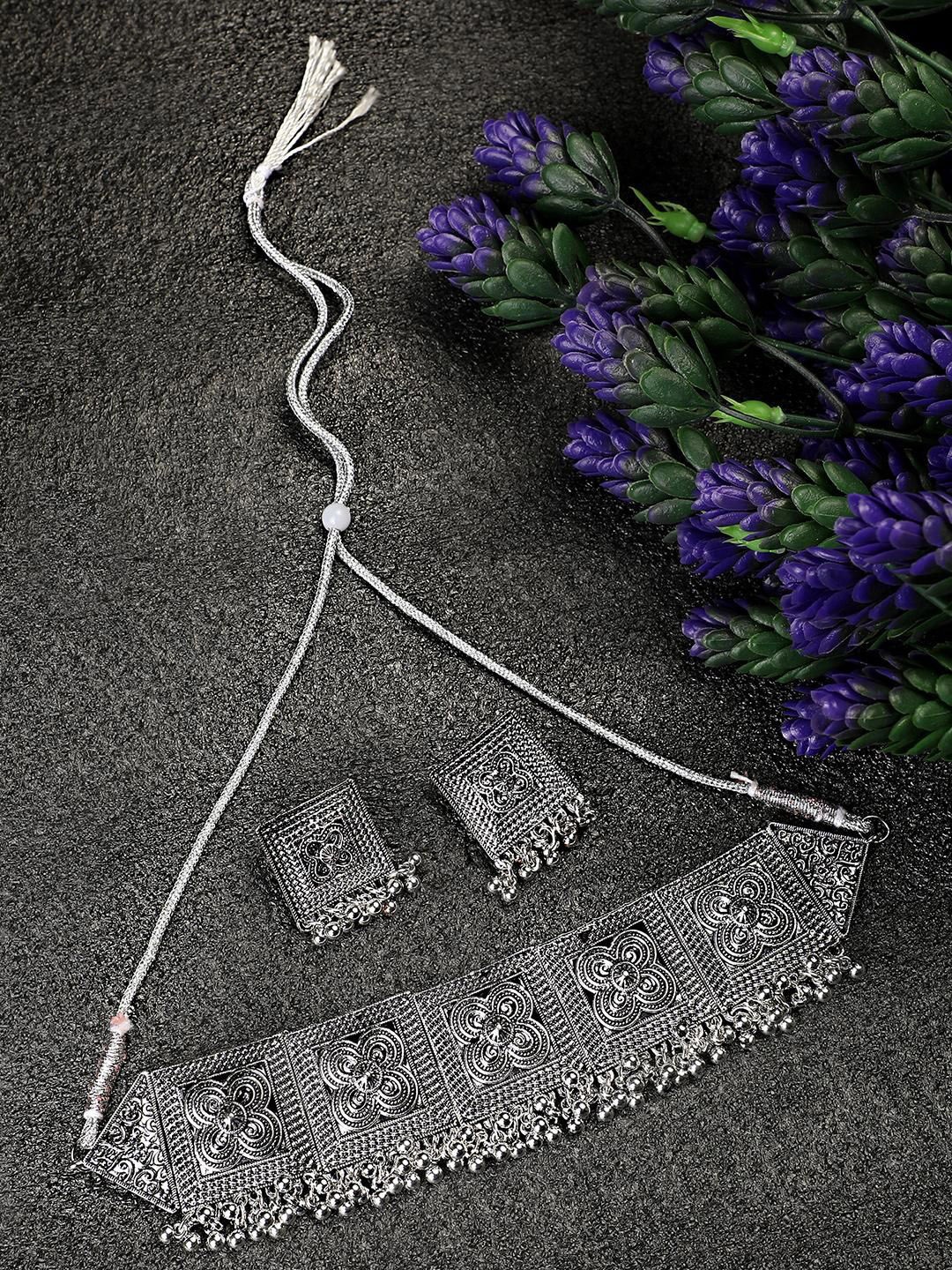 

MODE MANIA Silver-Plated Oxidised Square Shaped Statement Jewellery Set