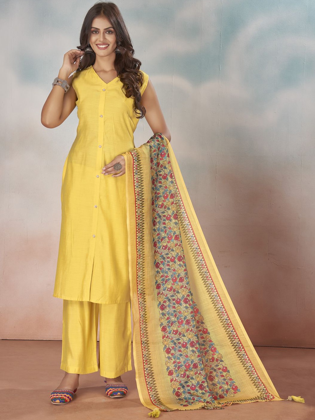 

STYLE SAMSARA V Neck Straight Kurta with Trousers & With Dupatta, Yellow