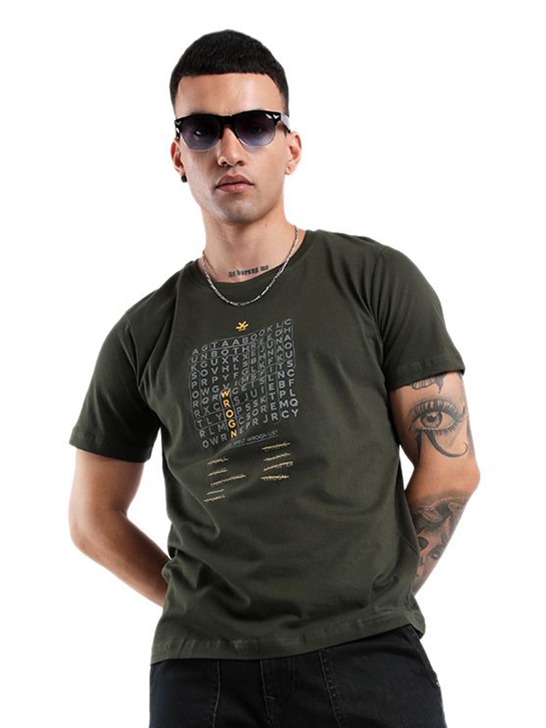 

WROGN Men Typography Printed Round Neck Cotton Slim Fit T-Shirt, Olive