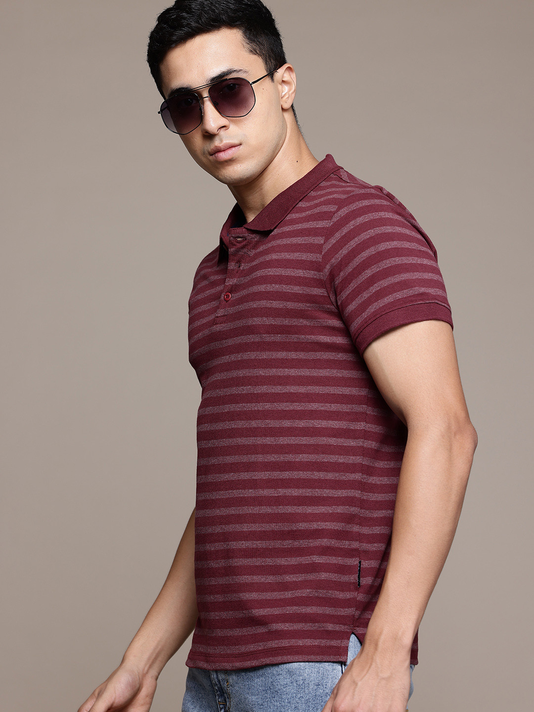 

The Roadster Lifestyle Co. Men Striped Polo Collar T-shirt, Maroon