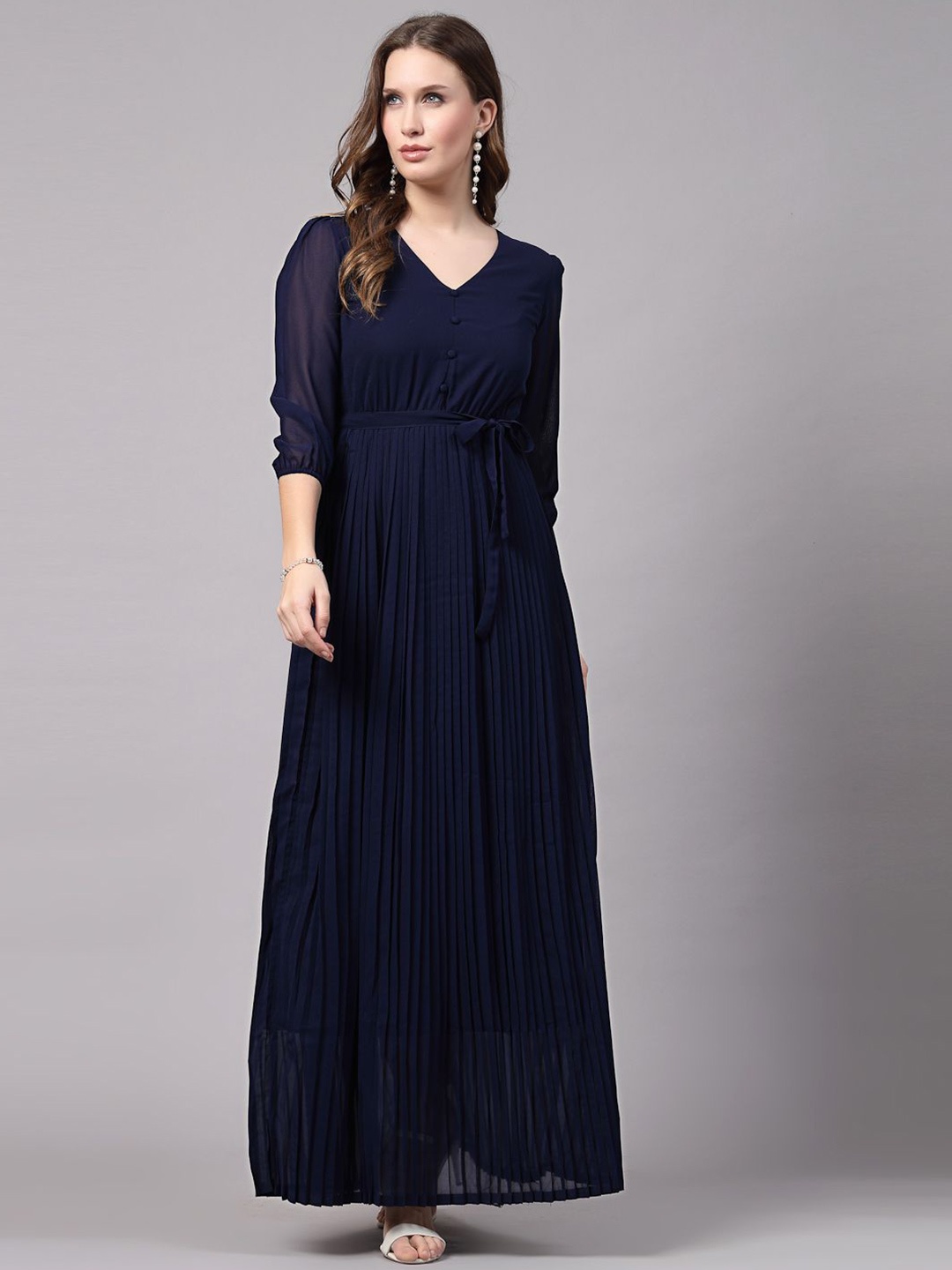 

aayu Solid Puff Sleeves Fit & Flare Maxi Dress, Blue