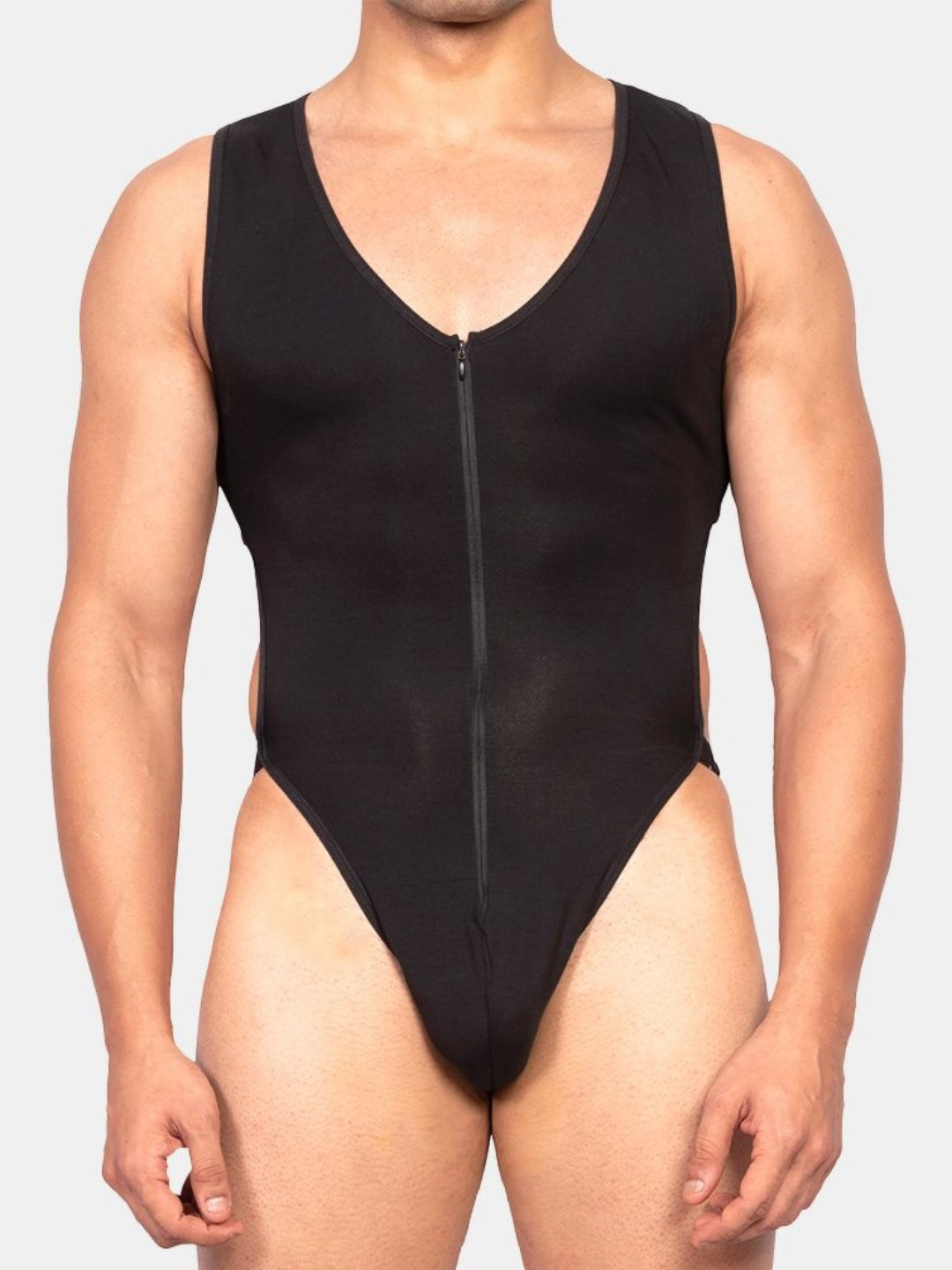 

EROBOLD V-Neck Zipper Frontline Slim Fit Cotton Bodysuit, Black