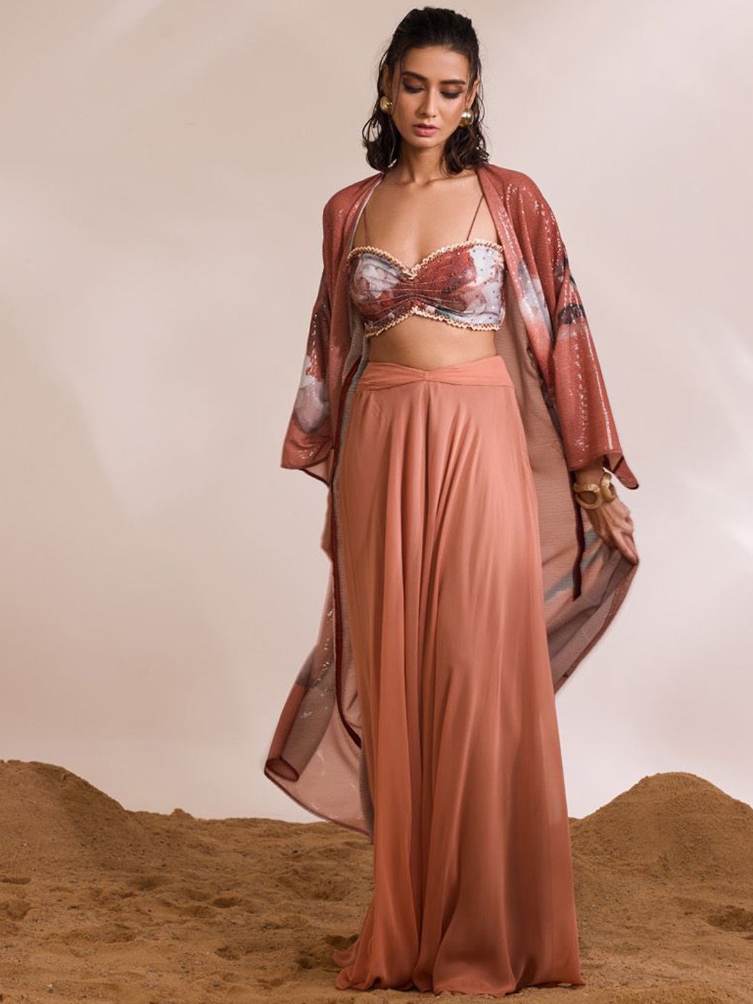 

DIVYA AGGARWAL Floral Printed Top Skirt & Shrug, Rust