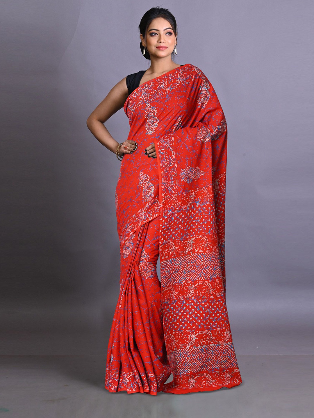 

Unnati Silks Ethnic Motifs Pure Cotton Handloom Block Print Saree, Red