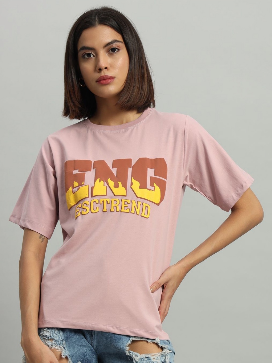 

AECK Women Typography Printed Round Neck Cotton T-Shirt, Pink