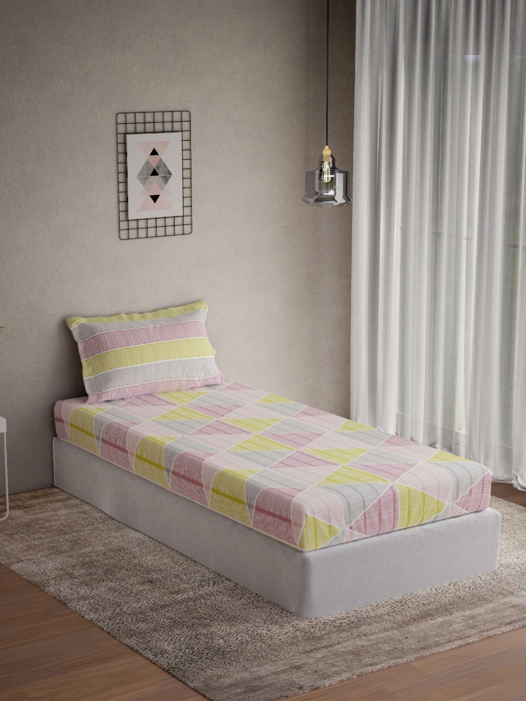 

DDecor Live Beautiful Pink & Yellow Geometric 145TC Cotton Single Bedsheet & 1 PillowCover