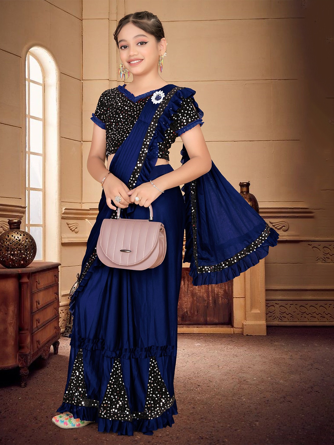 

HARPITA Sequinned Ready to Wear Saree, Navy blue